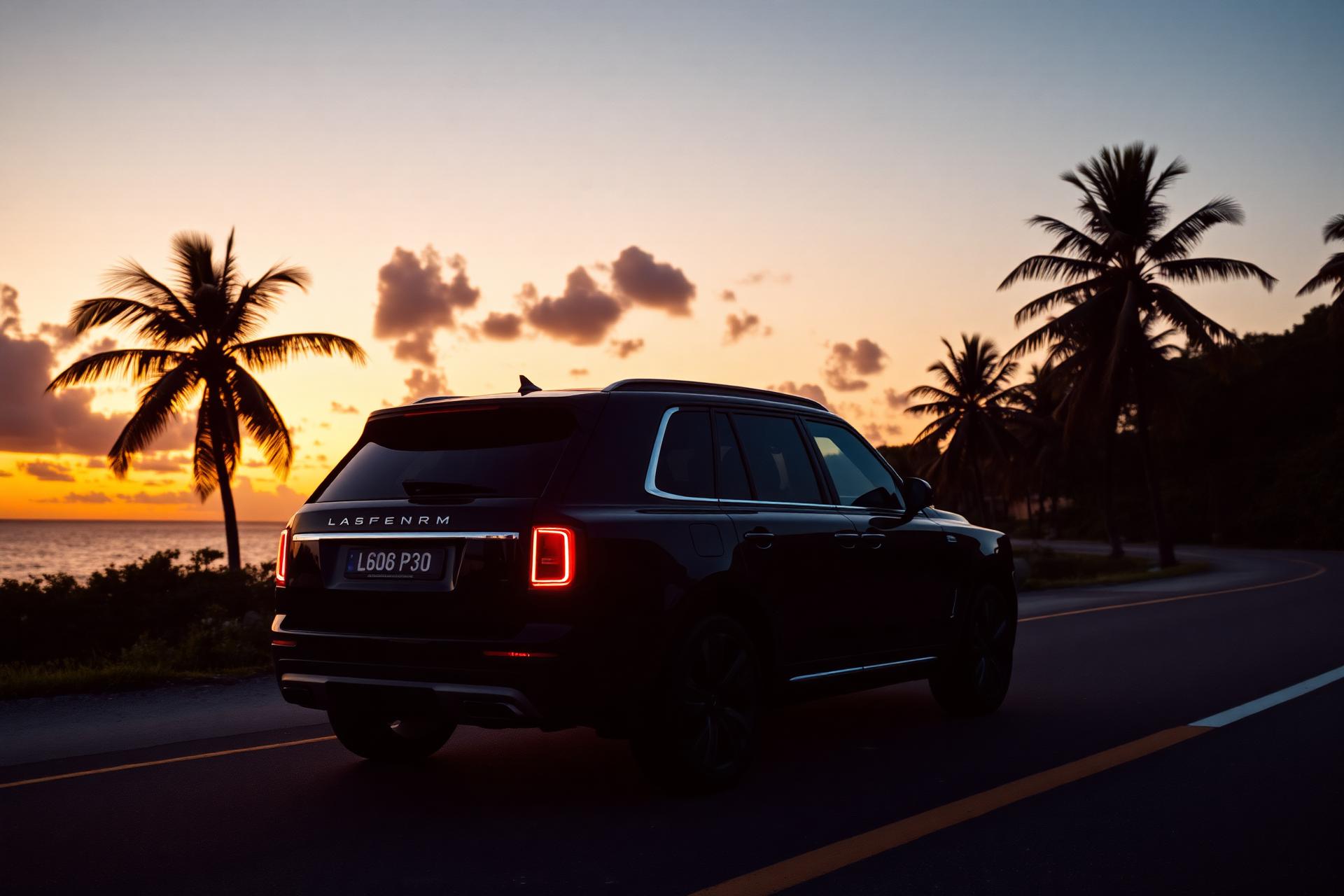 Luxury black SUV at sunset on Saint Martin coast
